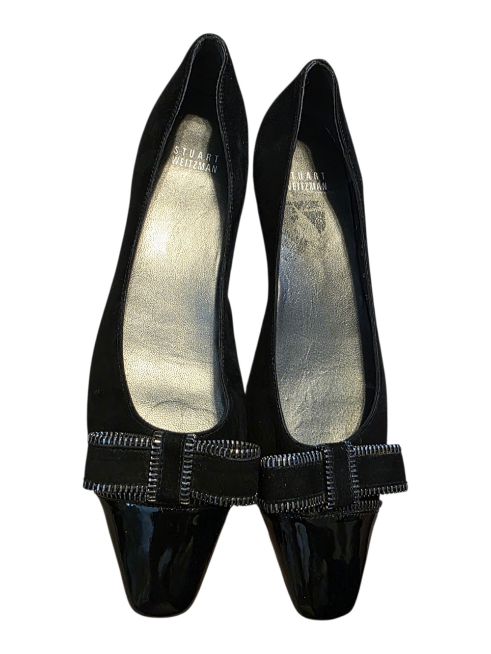 Stuart Weitzman Black Suede Patent Leather Zipper Bow Ballet Flats EUC 8